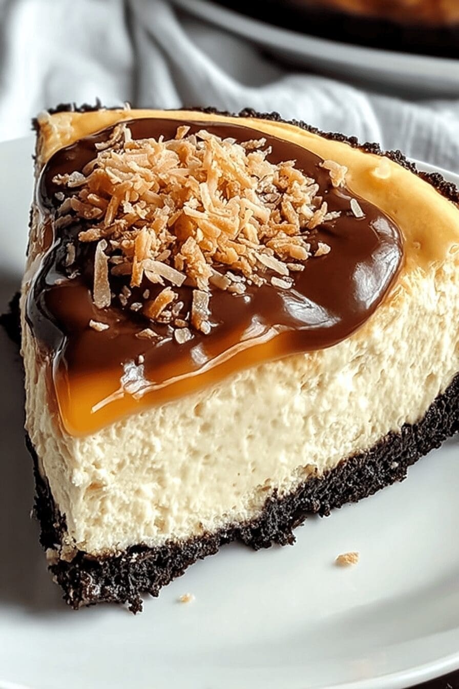 Samoa Cheesecake Recipe With Coconut, Chocolate, And Caramel Flavors 6 Samoa Cheesecake