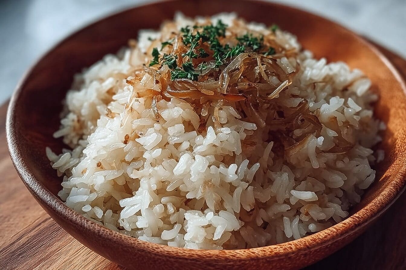 French Onion Butter Rice With Crispy Shallots And Garlic Herb Finish 6 French Onion Butter Rice